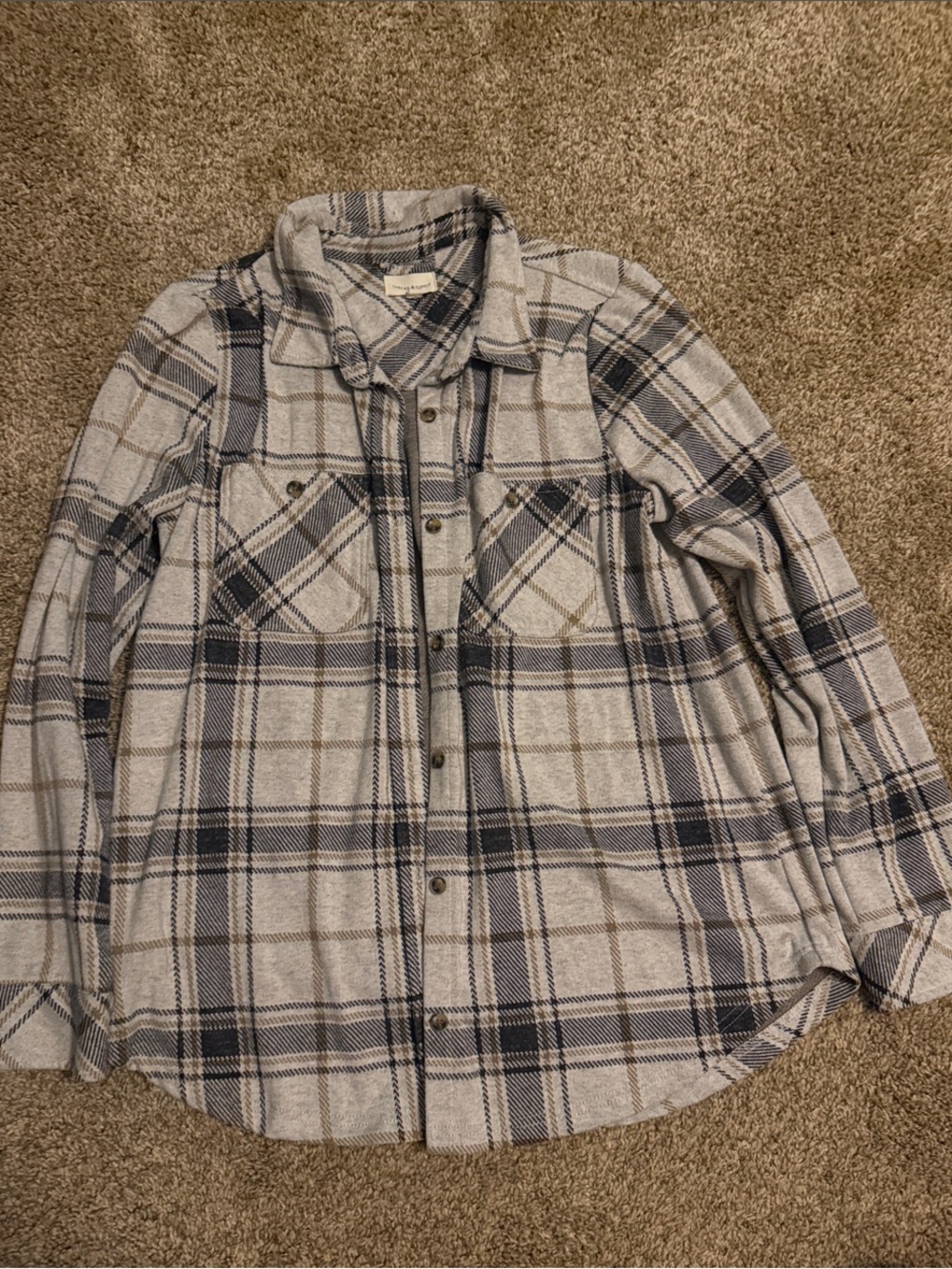 Thread & Supply Cream, Gray and Navy Plaid Button-Down Shirt